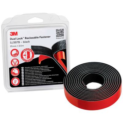 Verpackung von 3M Dual Lock wiederverschließbarem Befestigungssystem, Schwarz, Modell SJ387B, mit einer Rolle Klettverschluss 25 mm x 2,5 m.