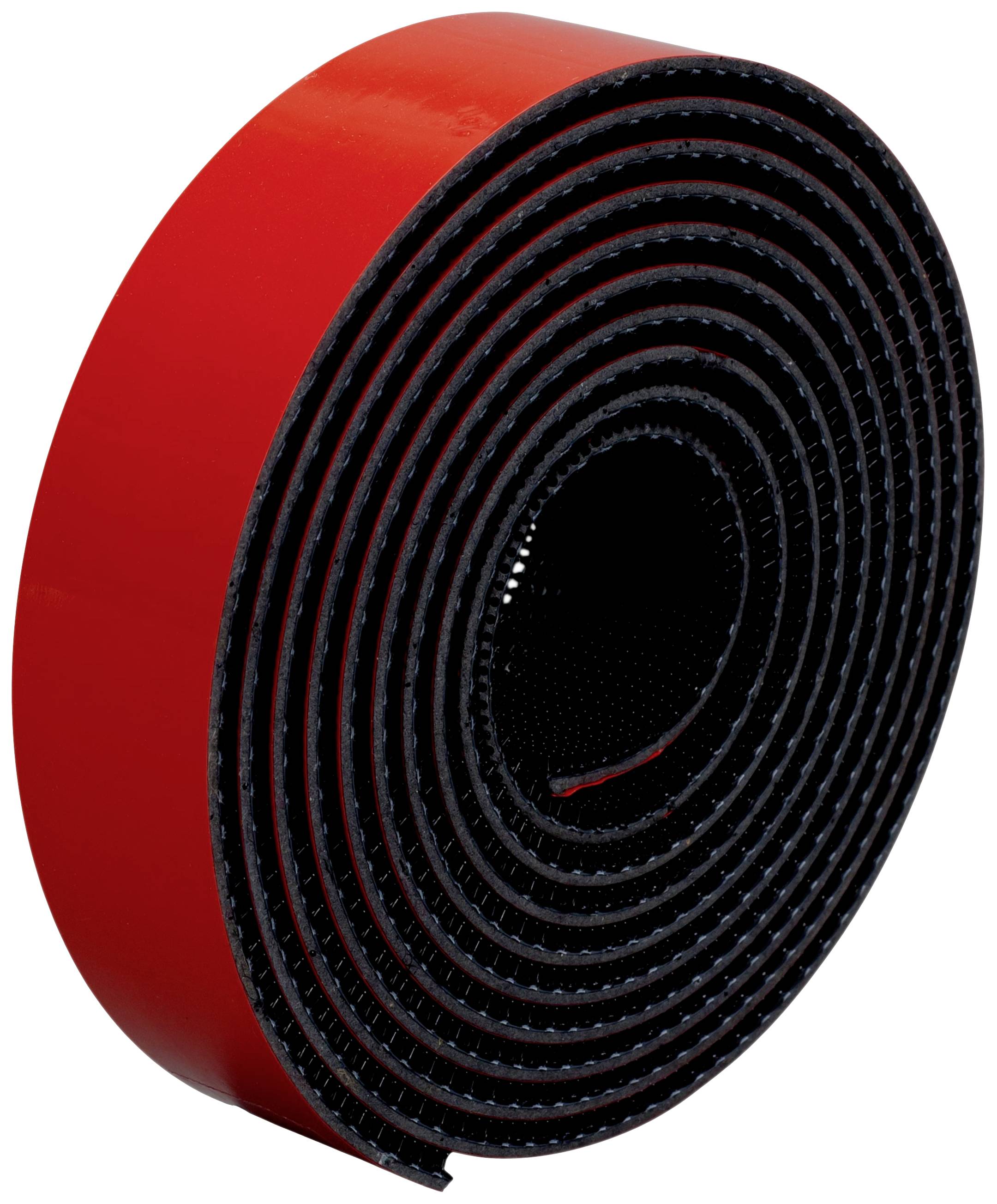 Rolle aus rotem, selbstklebendem Klettband, eng aufgewickelt, mit einer schwarzen Oberfläche auf der Innenseite. Ideal für Befestigungen.