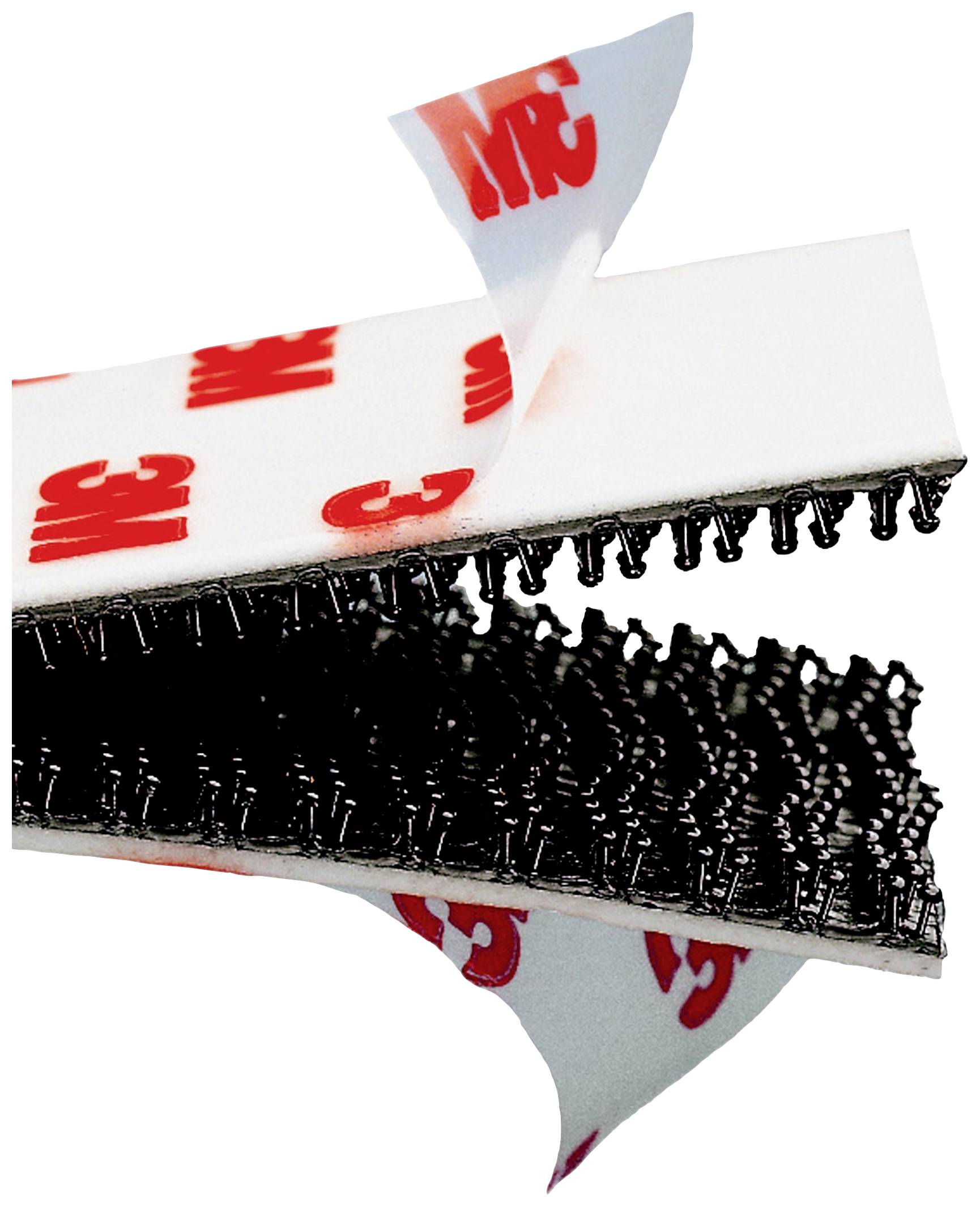 Klettverschluss-Band mit selbstklebender Rückseite, eine Hälfte zeigt Haken, die andere Schlaufen; verwenden für Befestigungen.