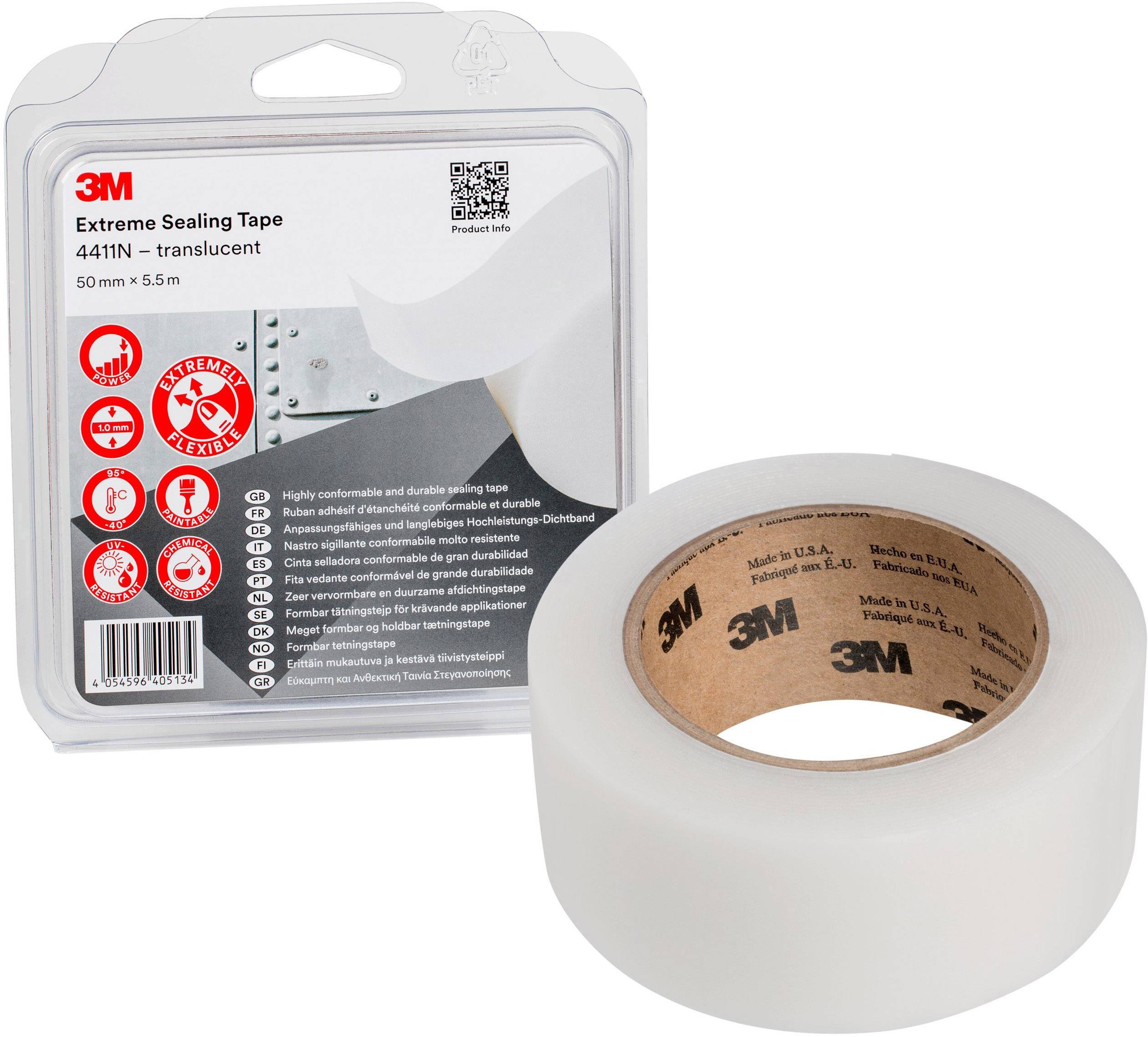 Durchsichtiges Dichtungsband der Marke 3M, 50 mm x 5,5 m, in Verpackung. Robustes Material für Außen- und Innenanwendungen.