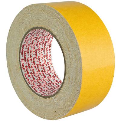 Gelbes Klebeband mit rotem Schriftzug auf der Innenseite steht aufrecht.