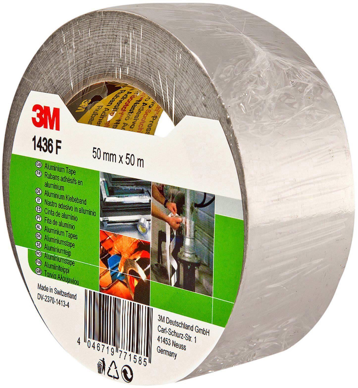 Aluminiumklebeband von 3M, 50 mm x 50 m, silberfarben, Verpackung zeigt Anwendungsbilder für Finishing und Abdichtung. Made in Switzerland.