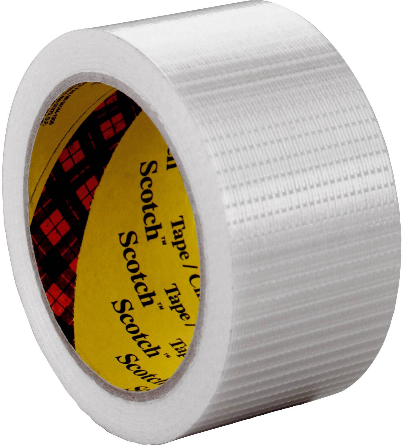 Eine Rolle silberfarbenes Klebeband mit gelbem Innenkarton, auf dem das Wort 'Scotch' mehrfach gedruckt ist.