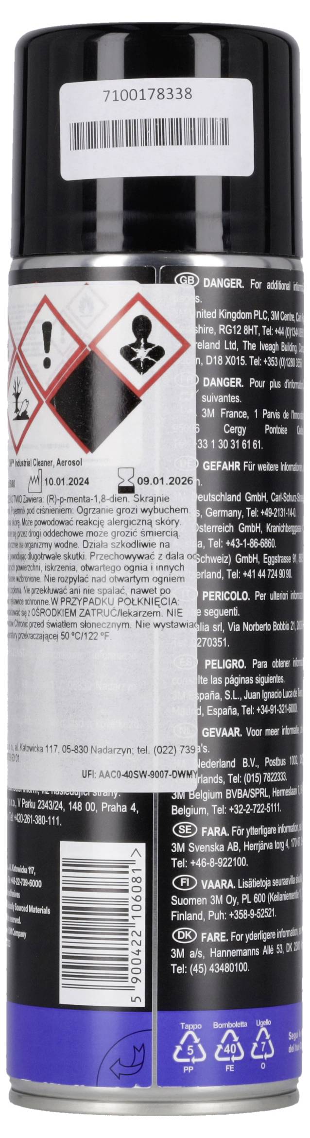Eine schwarze Spraydose mit Gefahrensymbolen auf der Raute und einem Barcode-Etikett, das ein gefährliches Chemikalienprodukt kennzeichnet.