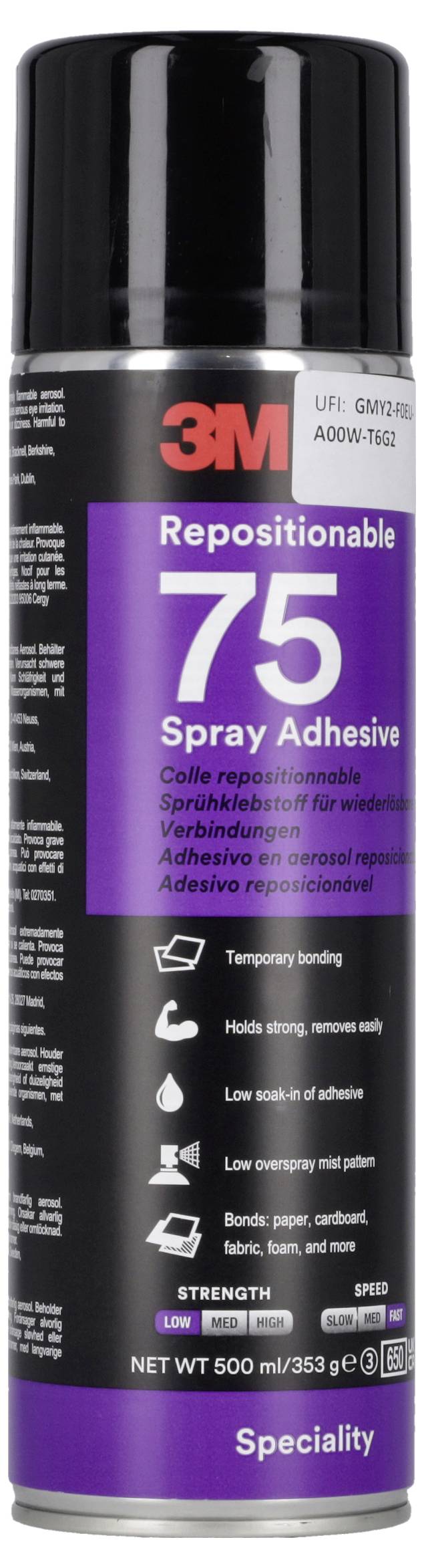 3M Repositionable 75 Sprühkleber-Dose, schwarz und violett, gekennzeichnet für temporäre Verklebung und niedrige Eindringung, 500-ml-Behälter.
