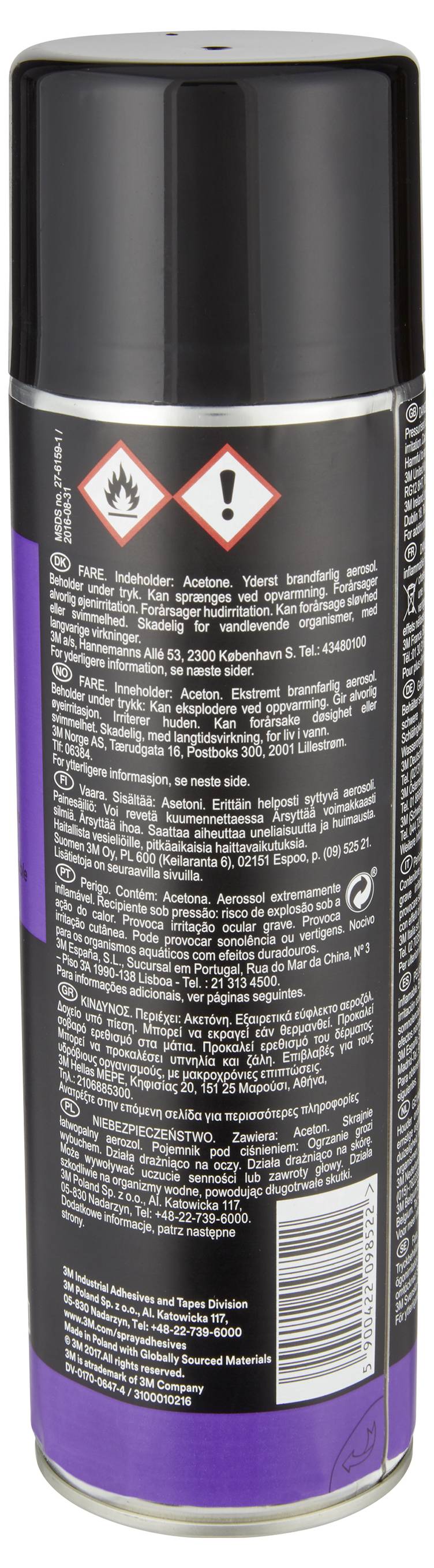 Eine hohe schwarze Sprühdose mit einem violetten unteren Streifen und einem Warnschild mit Symbolen für brennbar und Ausrufezeichen.
