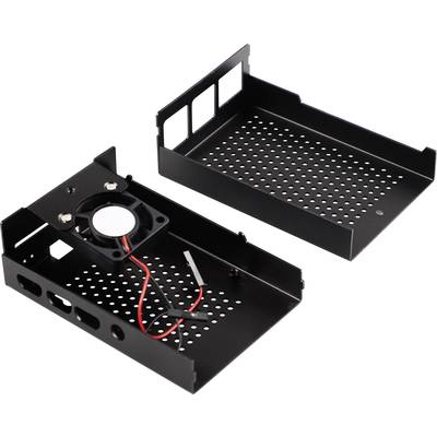 Zwei schwarze Computer-Montageschienen aus Metall, eine mit einem eingebauten kleinen Lüfter und roten Drähten, die andere ohne.