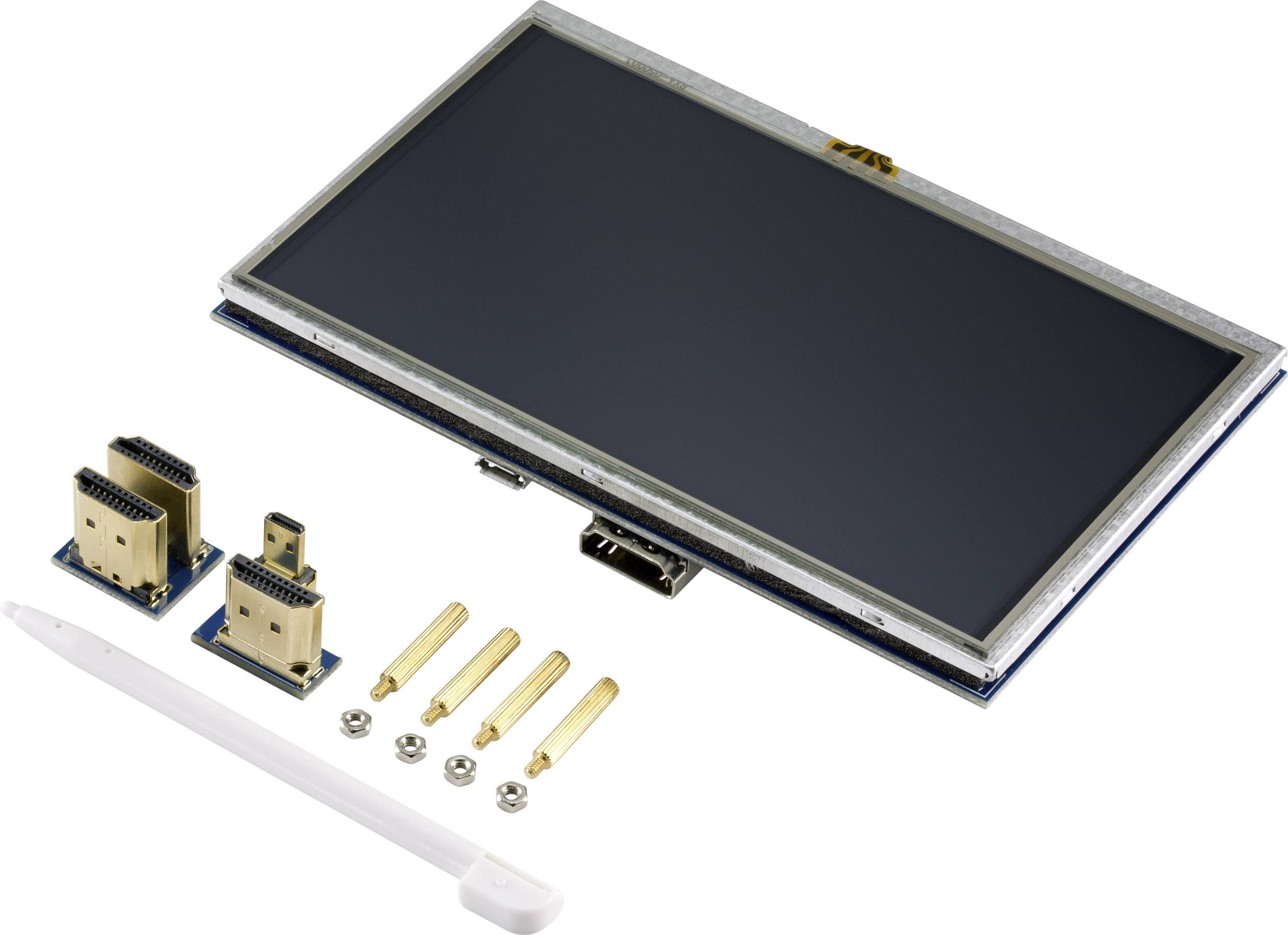 Ein LCD-Touchscreen-Set mit zwei Adapterkarten, Montagezubehör und einem Stylus-Stift, zum Basteln oder für elektronische Projekte.