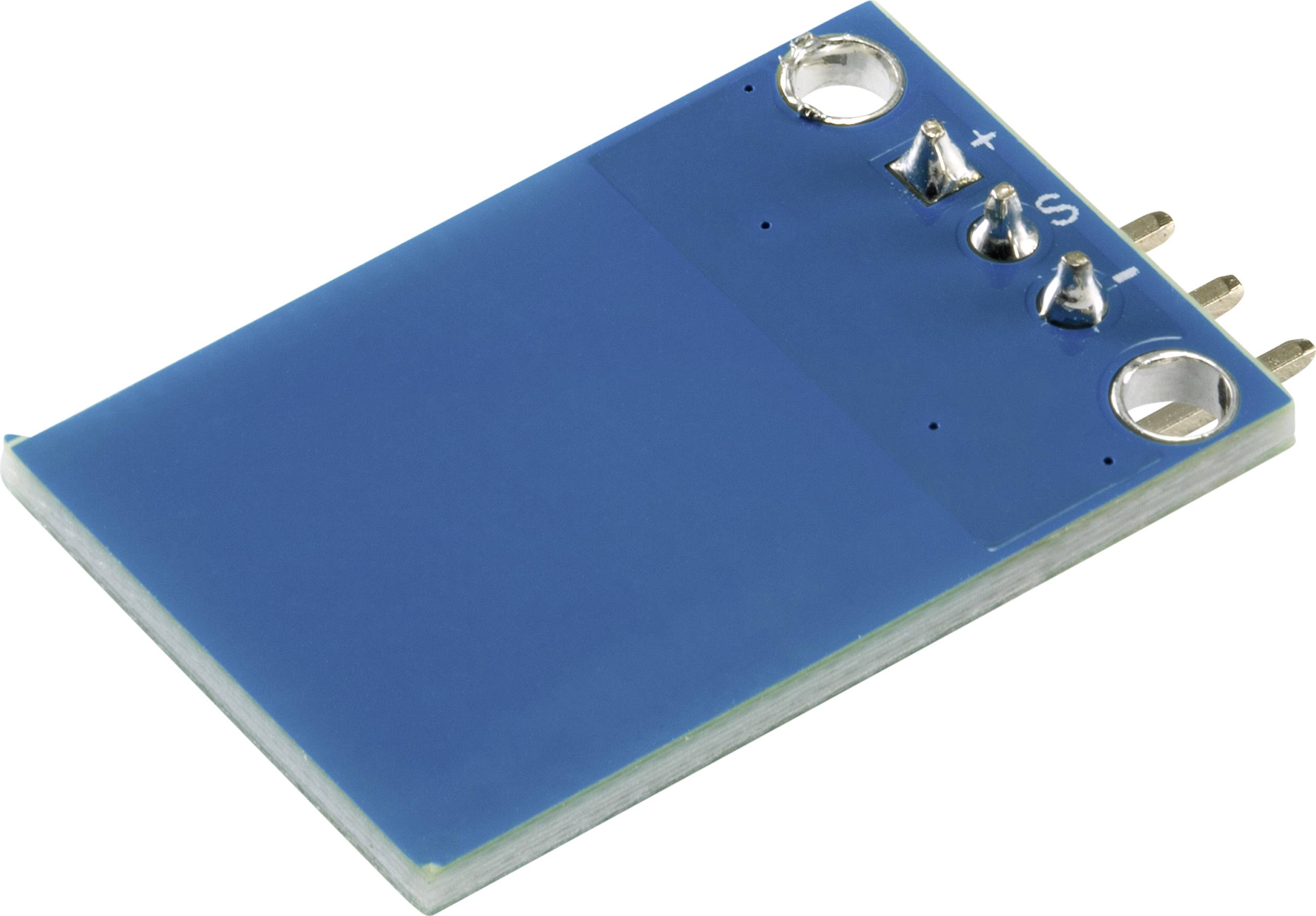 Ein blauer elektrischer Sensor mit drei Metallpins und markierten Anschlüssen '+' und 'S', verwendet in elektronischen Schaltungen.