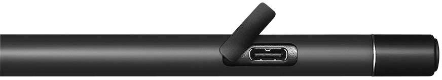 Ein schwarzer Stift mit einem USB-C-Anschluss und herausklappbarem Deckel.
