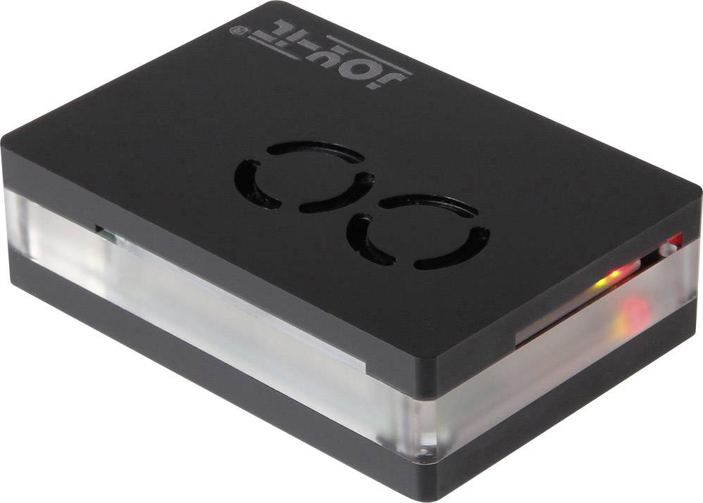 Kleines, rechteckiges schwarzes Gehäuse mit Lüftungsschlitzen oben und einem leuchtenden LED-Licht an der Seite.