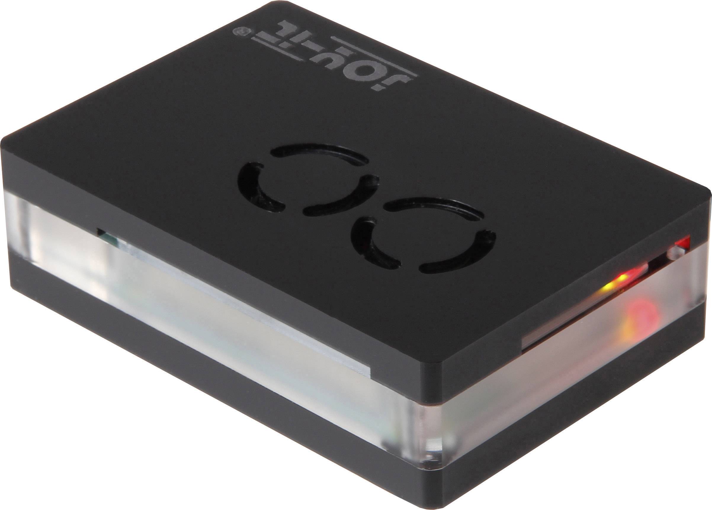 Ein kleines schwarzes Gerät mit zwei Lüftungsschlitzen und einer leuchtenden roten LED an der Seite.