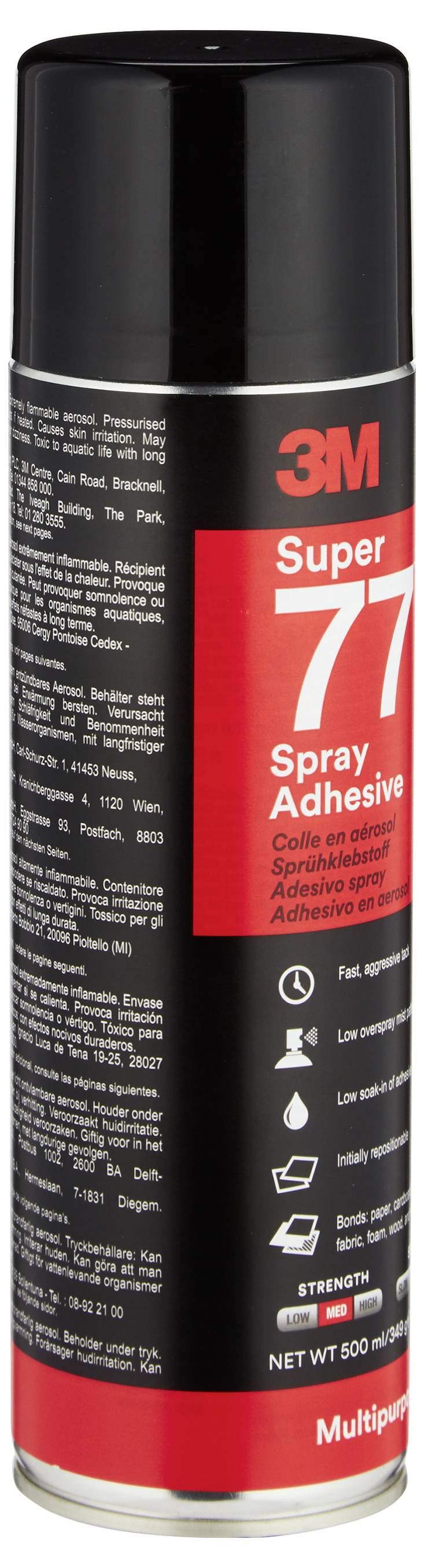 Eine Dose 3M Super 77 Sprühkleber mit schwarz-rotem Etikett, aufrecht auf weißem Hintergrund dargestellt.