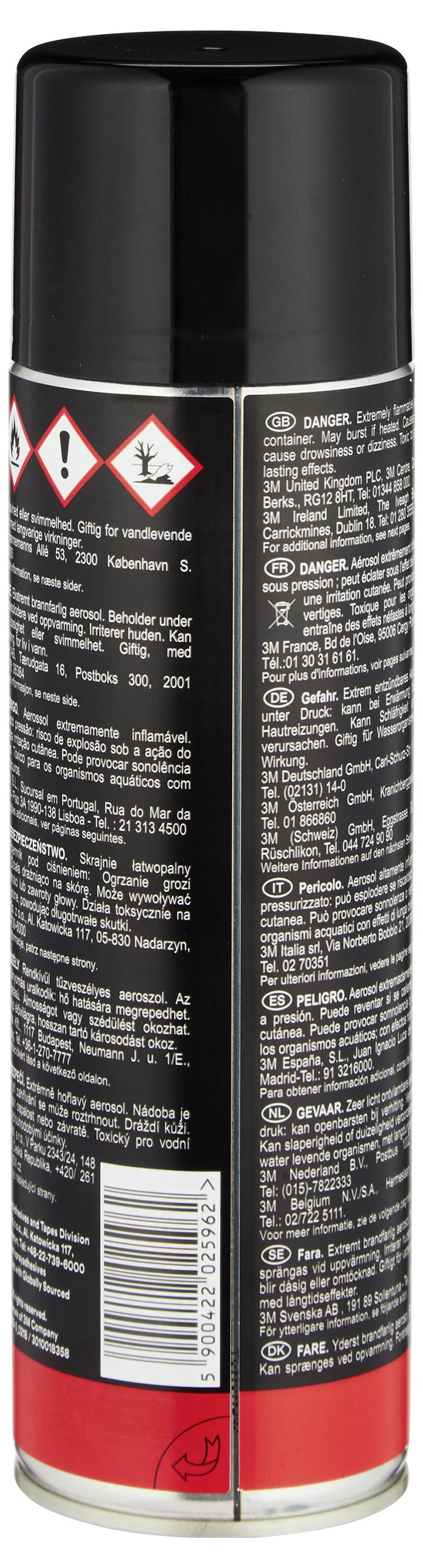 Schwarze Spraydose mit gefährlichen Chemikalien oder Reinigungsmittel mit Gefahrenwarnzeichen und kleinen gedruckten Anweisungen auf der Seite.