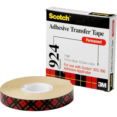 Klebeband mit rotem, schwarzem und gelbem Muster, daneben eine Verpackung mit der Aufschrift 'Scotch Permanent Adhesive Transfer Tape 924'.