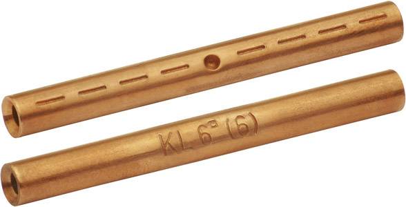 Zwei kupferfarbene Hohlzylinder aus Metall, einer mit mehreren Kerben und einer Markierung 'KL 6 (6)'.