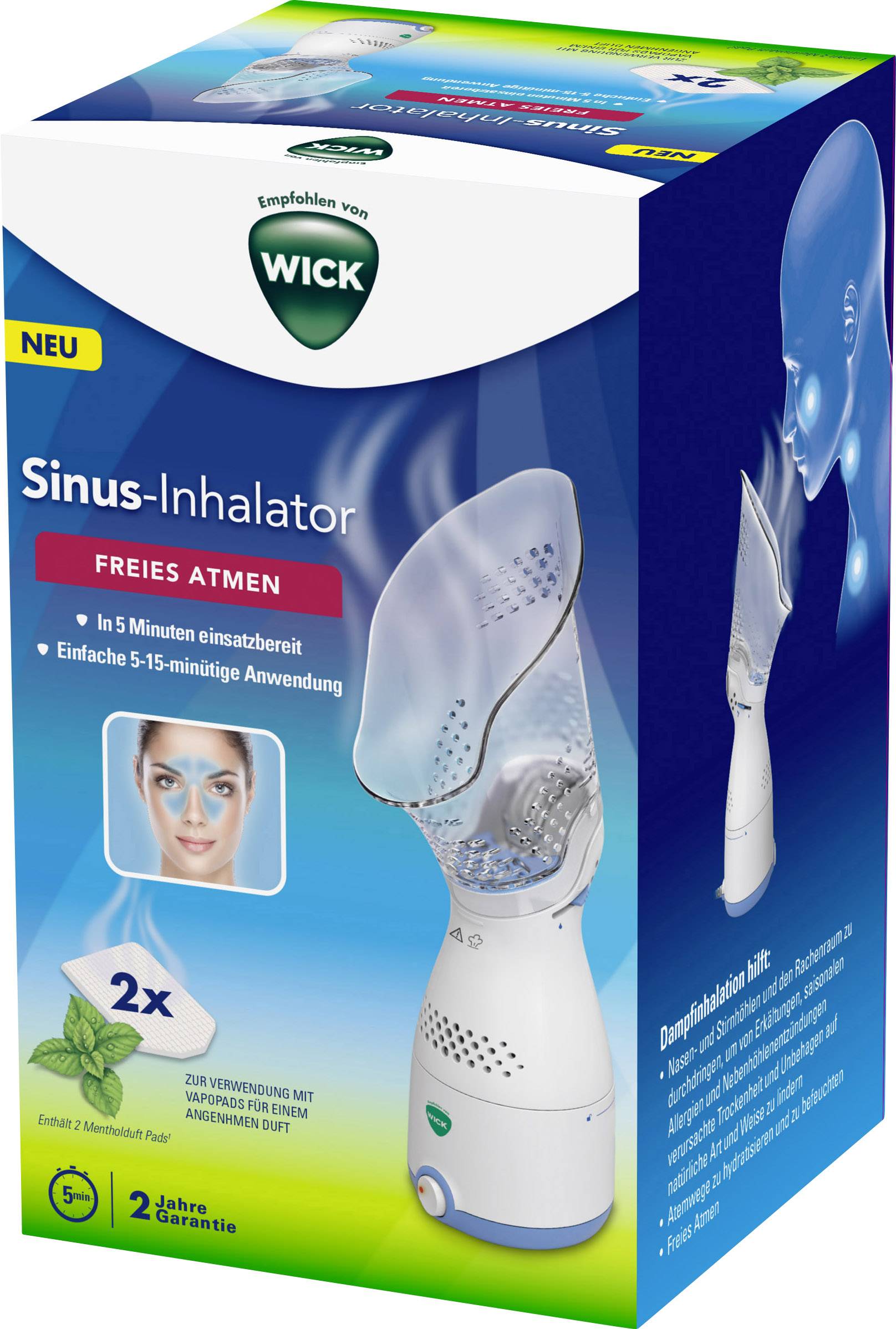 'Sinus-Inhalator von Wick', Abbildung eines Dampfinhalators mit großer Maske. Text: 'Freies Atmen', 'In 5 Minuten einsatzbereit'. Mit Mentholduft.
