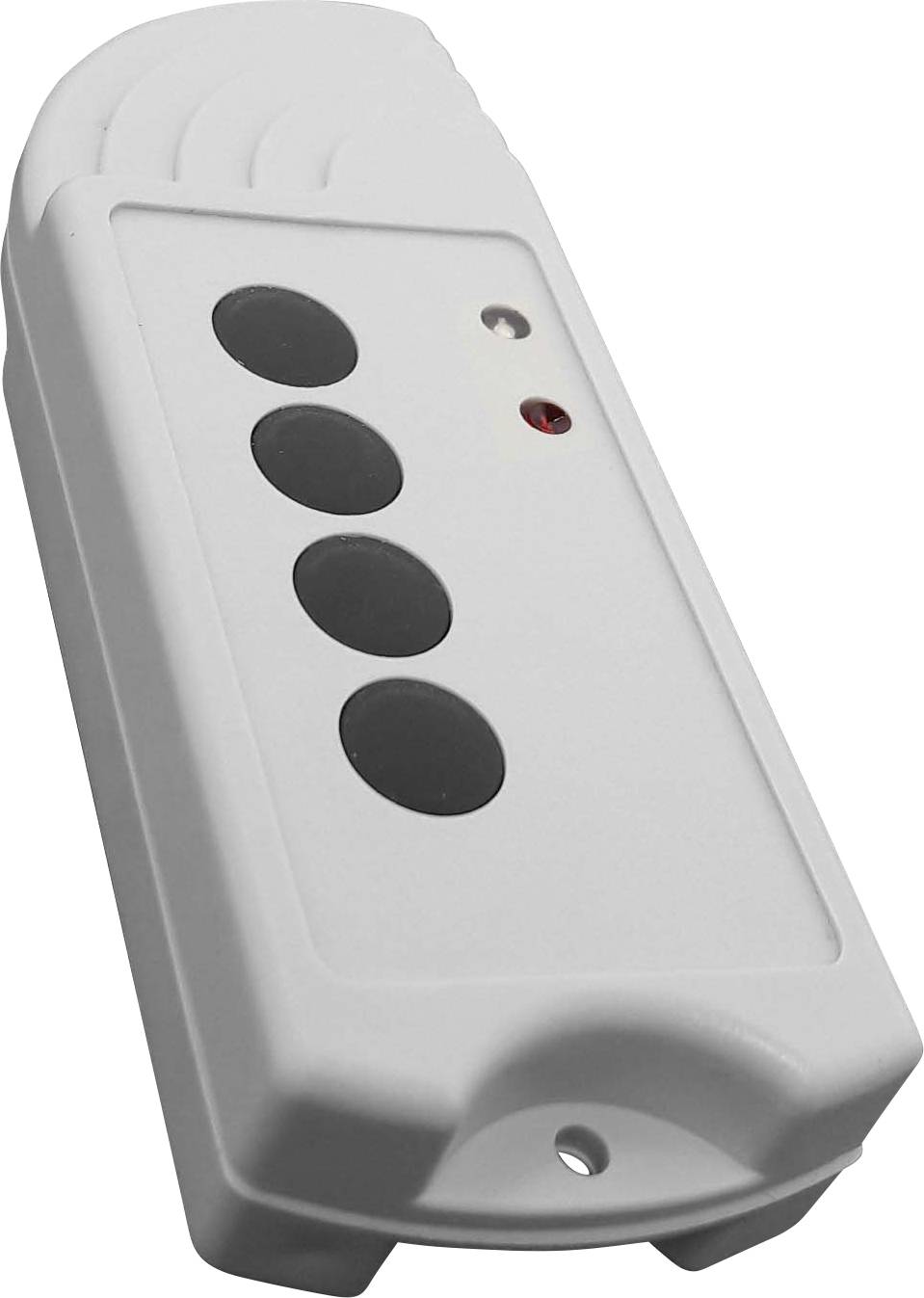 Ein weißer, rechteckiger Handsender mit vier schwarzen Knöpfen und einer roten LED, verwendet für die Fernsteuerung von Geräten.