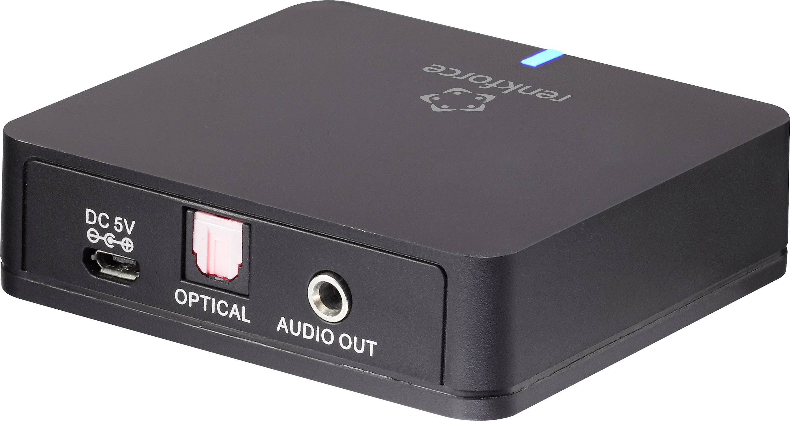 Ein kleines, rechteckiges schwarzes Audiogerät mit Anschlüssen für "DC 5V", "OPTICAL" und "AUDIO OUT" auf der Vorderseite.