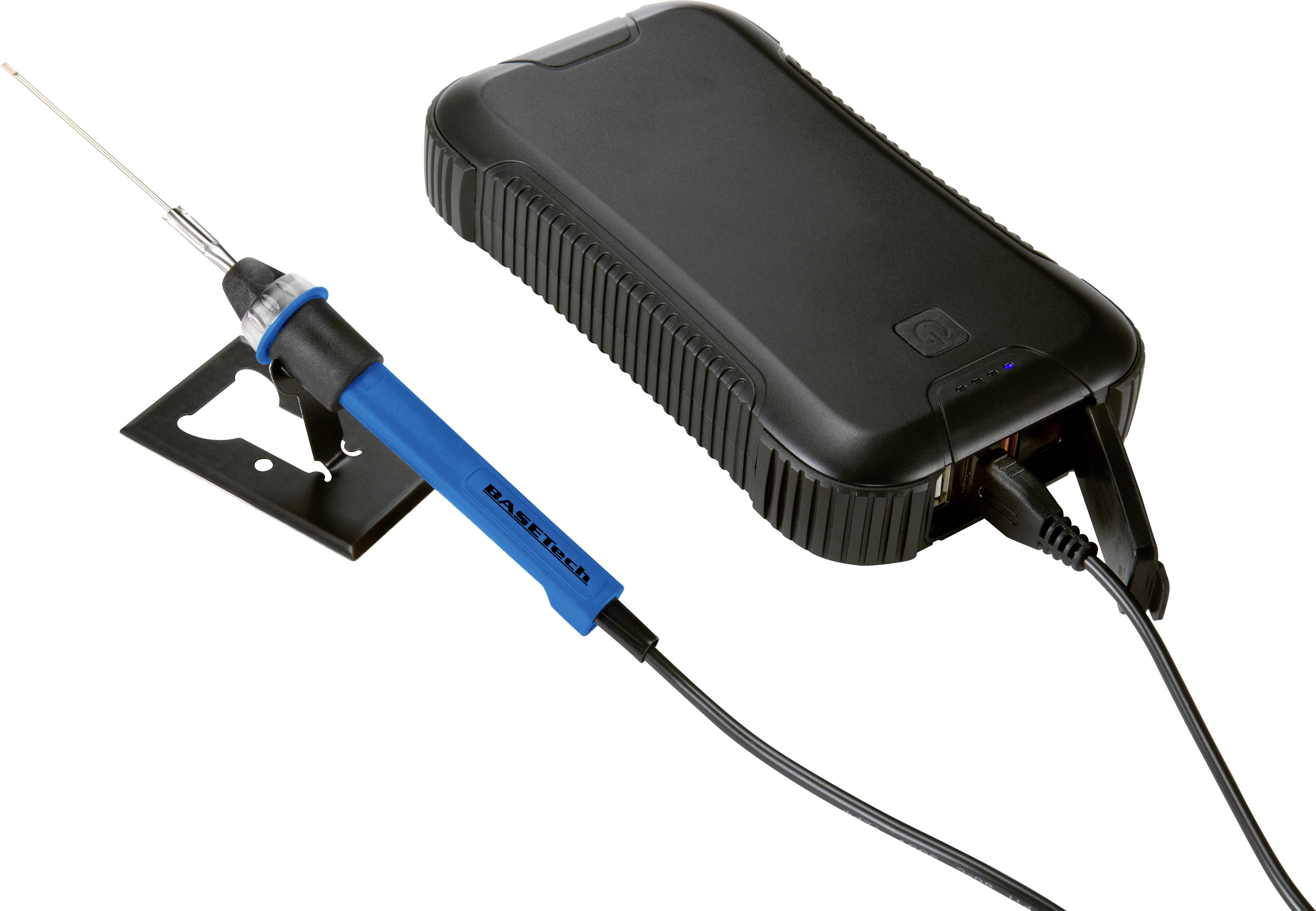 'Lötkolben-Set mit Station und blauer Griff zur elektronischen Reparatur. Es ist an eine Stromquelle angeschlossen.'