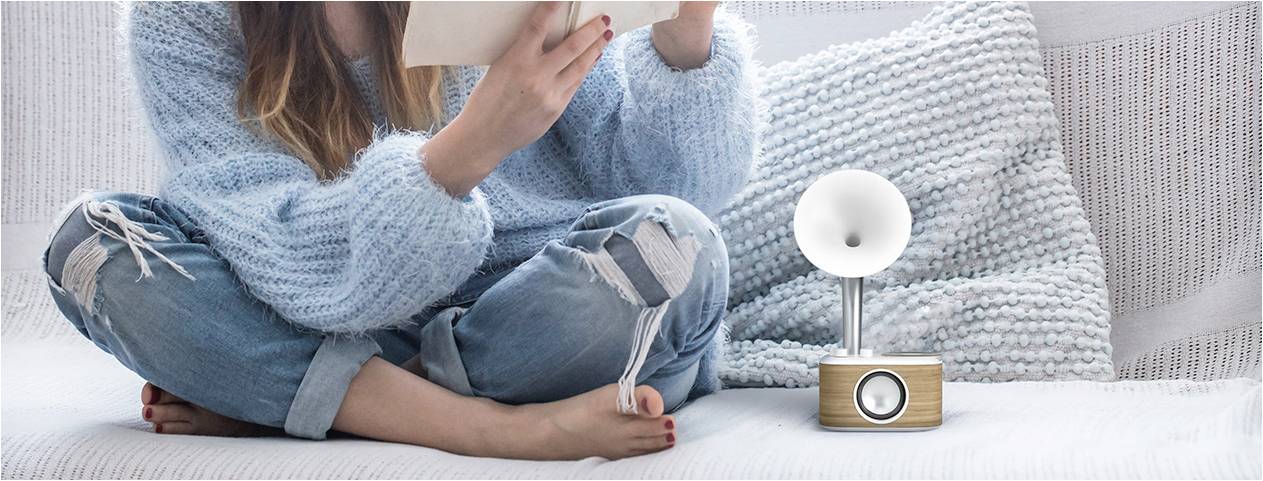 Eine Person in einem blauen Pullover sitzt mit gekreuzten Beinen und liest ein Buch auf einem Sofa. Daneben steht ein Holzlautsprecher.