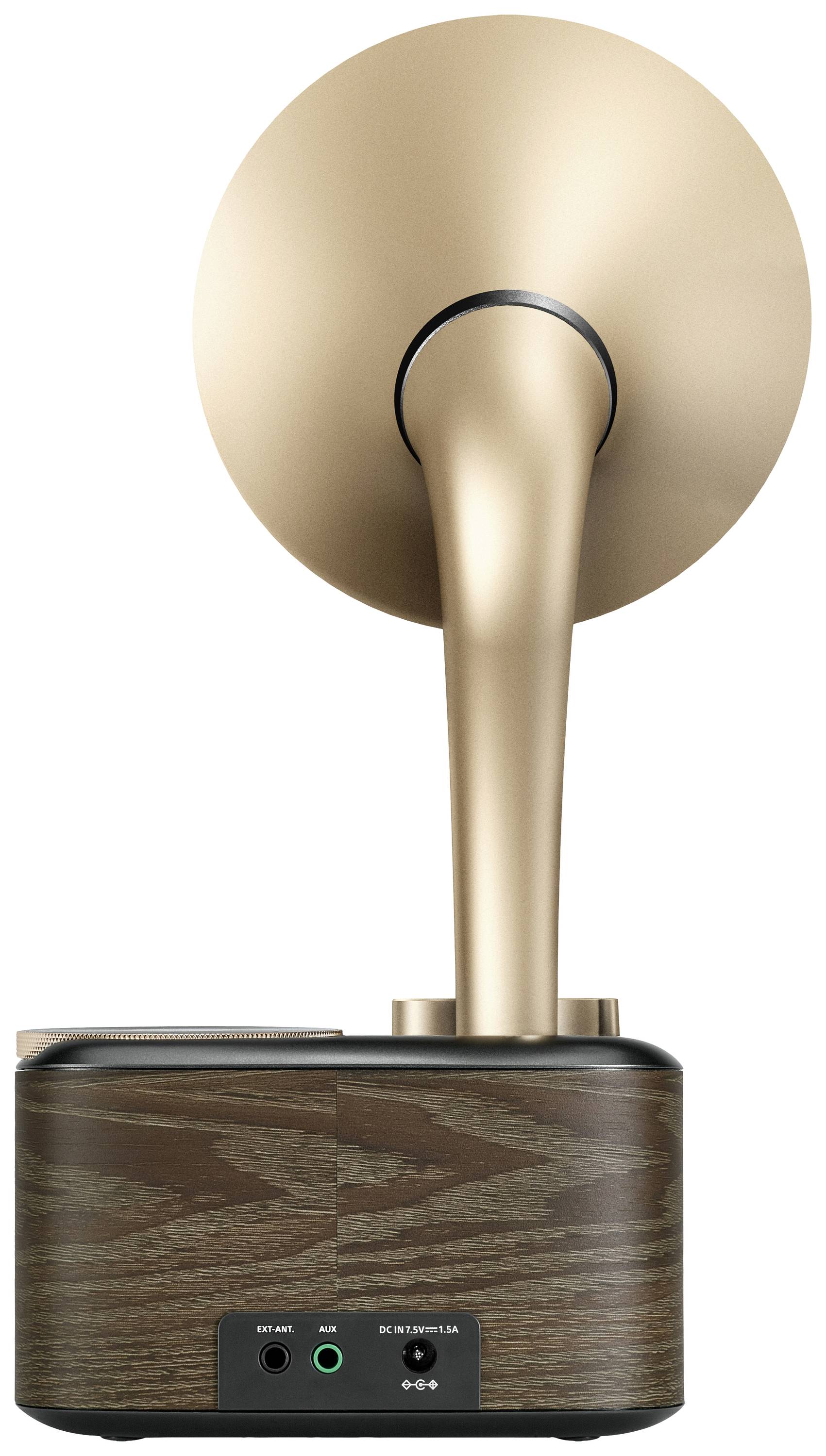 Ein Retro-Grammophon-Lautsprecher mit einem goldenen Trichter und einem Holz-Sockel. Rückansicht zeigt Anschlüsse.