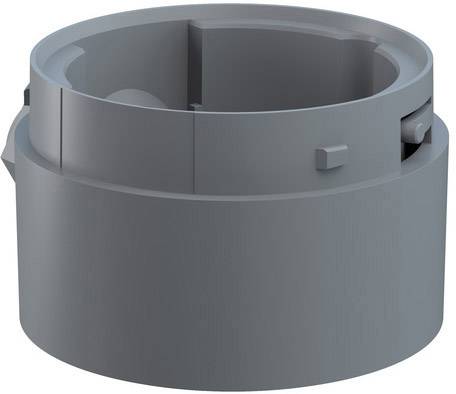 Grauer zylindrischer Kunststoffadapter, möglicherweise für technische Anwendungen, mit seitlichen Einrastmechanismen.