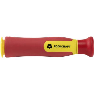 Ein roter und gelber Schraubenziehergriff mit 'TOOLCRAFT' Schriftzug in schwarzer Farbe.