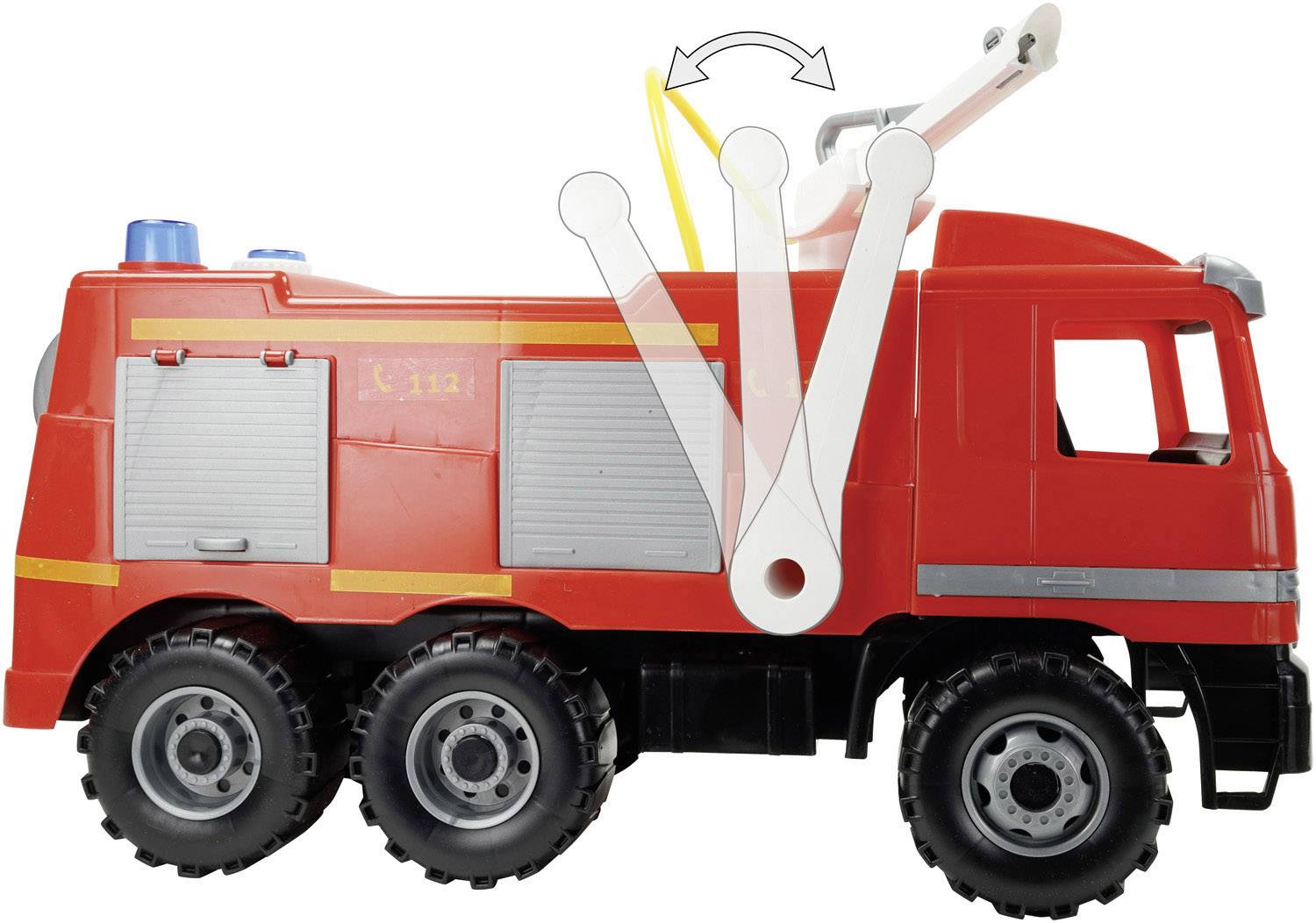 Ein rotes Spielzeug-Feuerwehrauto mit beweglicher Leiter, die Auf- und Abbewegung zeigt. Ideal zum fantasievollen Spielen.