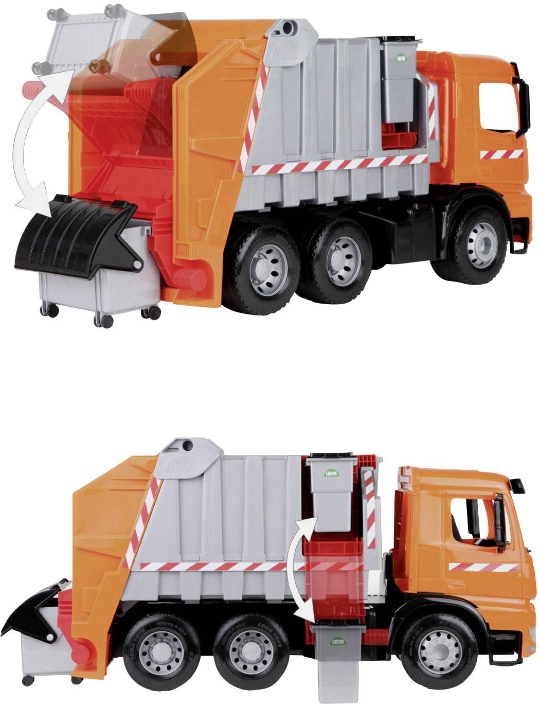 Spielzeug-Lastwagen zur Müllabfuhr in Orange und Grau, mit beweglichem Müllbehälter und Klappe hinten für Ladevorgang. Ideal für Kinder.