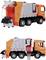 Spielzeug-Lastwagen zur Müllabfuhr in Orange und Grau, mit beweglichem Müllbehälter und Klappe hinten für Ladevorgang. Ideal für Kinder.