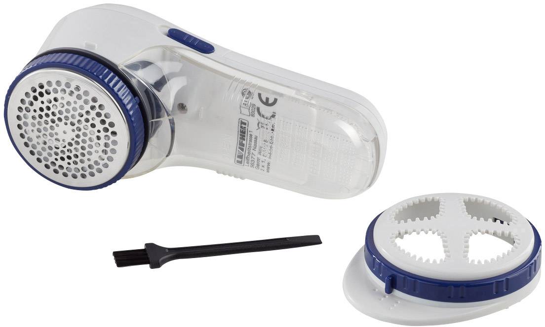 Ein weißer Flusenentferner mit blauem Rand, abnehmbarem Kopf und Reinigungsbürste. Ideal für Kleidungspflege.