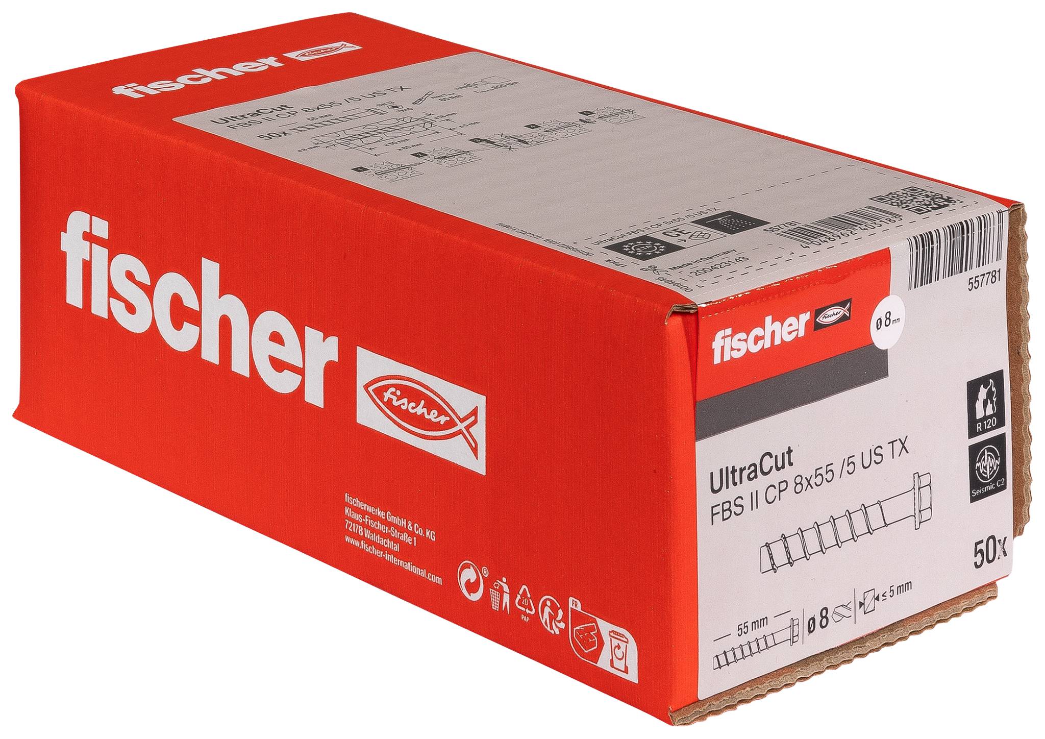 Rote Fischer-Pappkarton mit fischer Ultracut FBS II Betonschrauben, auf der Vorderseite mit „50x" gekennzeichnet.