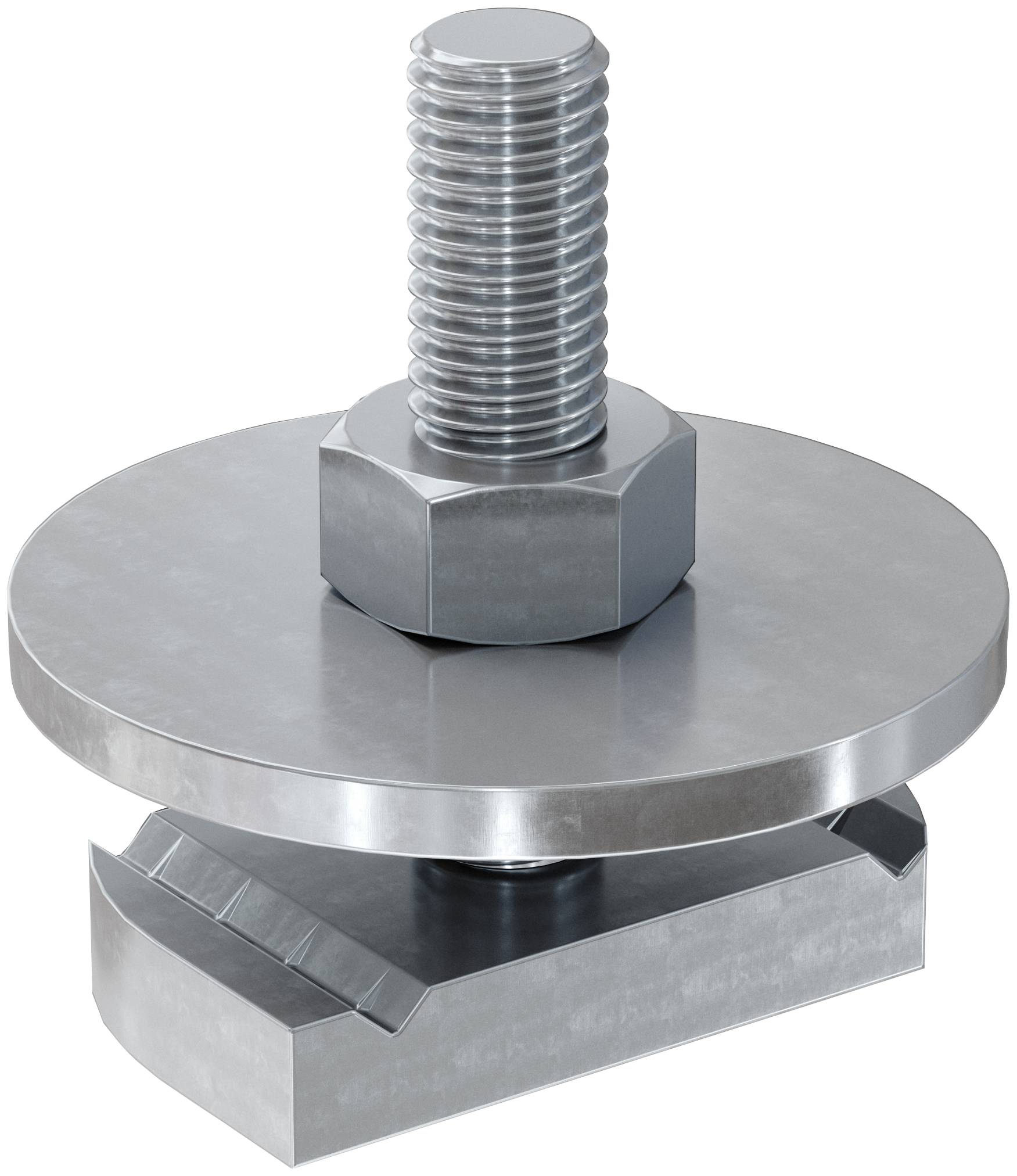Metallischer Gewindebolt, der eine runde Stahlplatte auf einem Block komprimiert, dargestellt als Hardware-Befestigungsbaugruppe auf weißem Hintergrund.