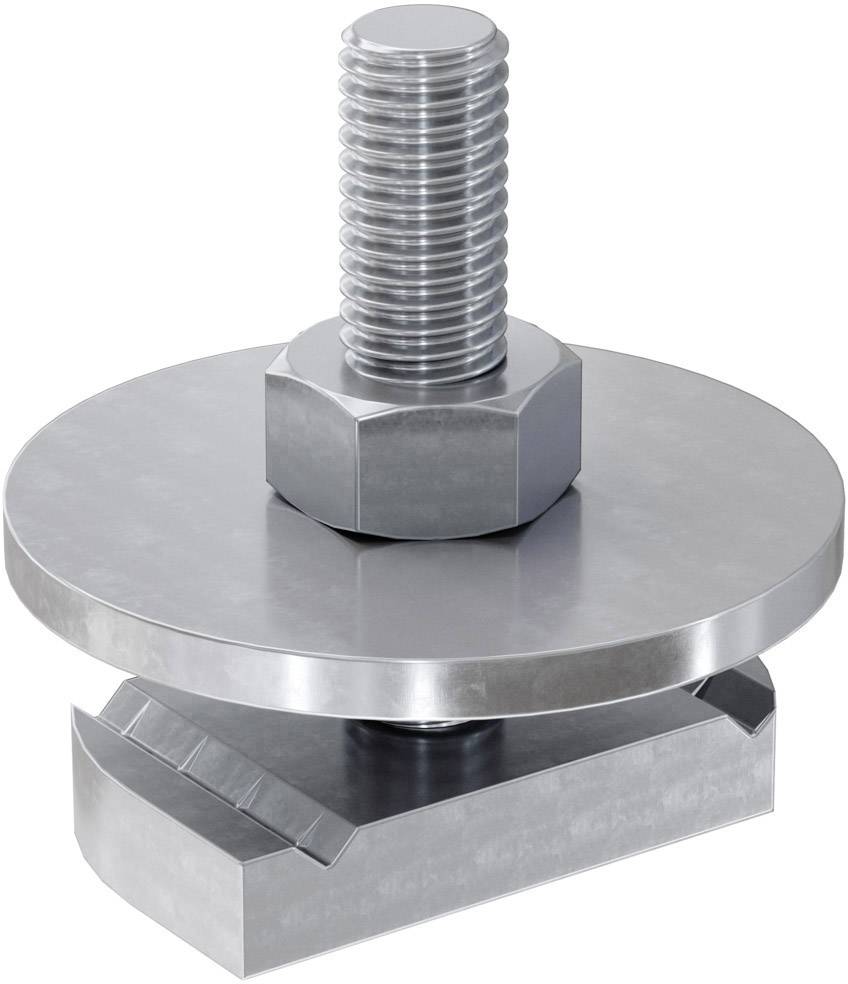 Metall-Schraube mit Bolzen und Sechskantmutter, montiert auf runder Unterlage.