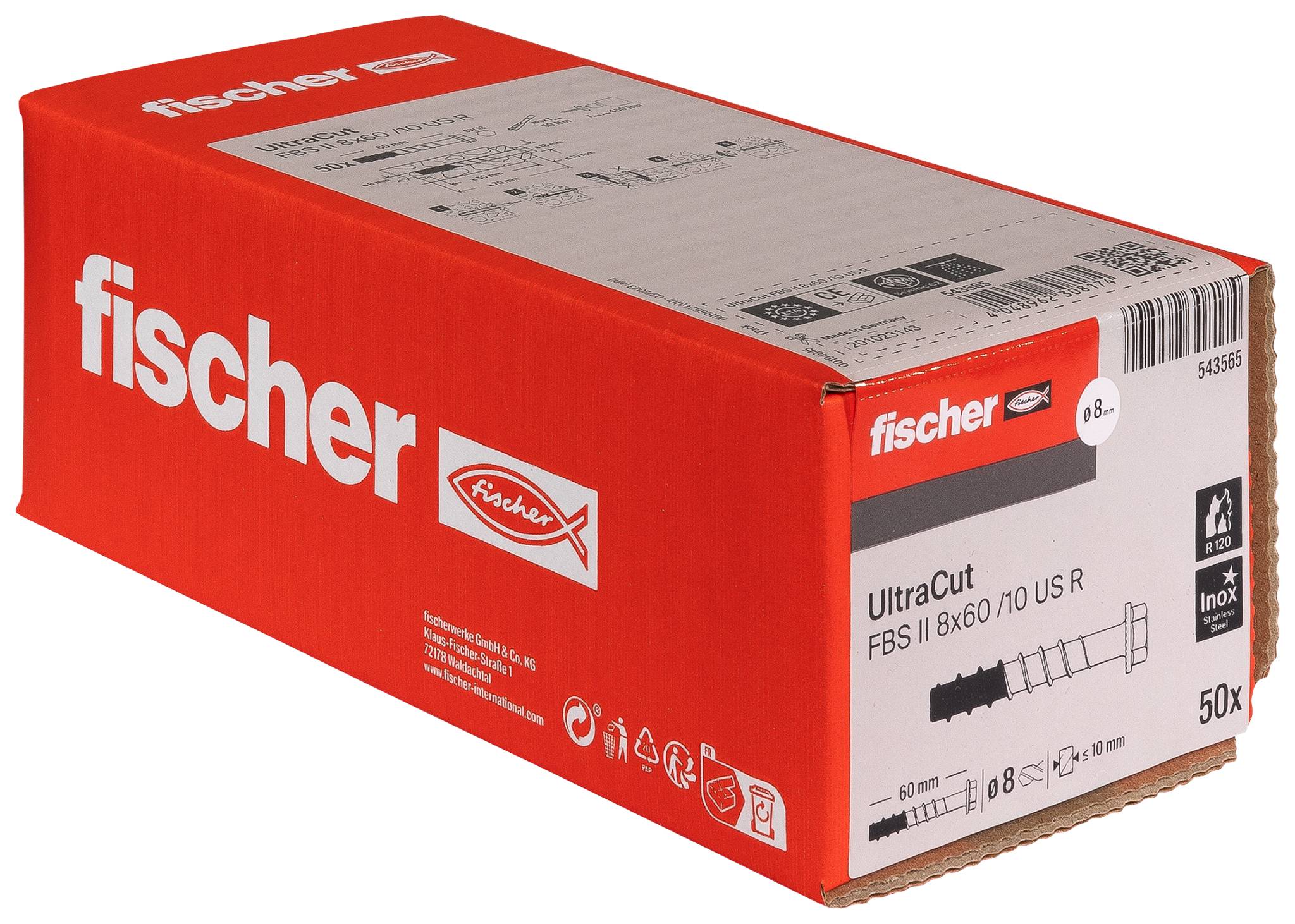 Red Fischer UltraCut Schenkels mit Schraube, Box gekennzeichnet mit 'fischer' und 'UltraCut FBS II 8x60/10 US R', Packung mit 50 Stück.
