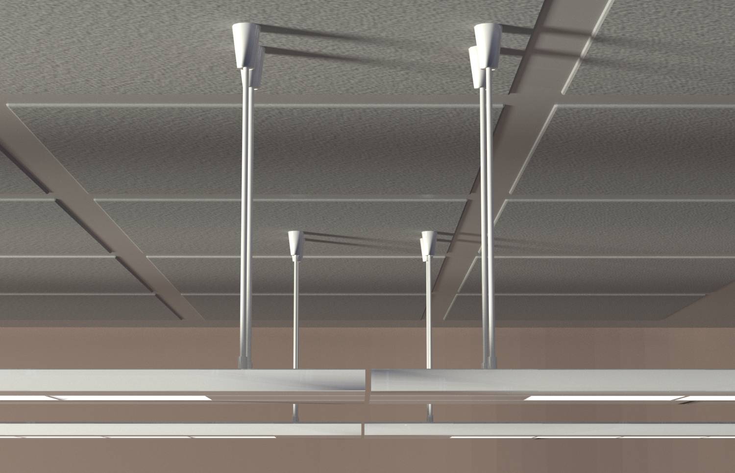 Nahaufnahme einer abgehängten Akustikdecke mit Metallstützstangen und Panelrastergittern in einem modernen Innenraum.