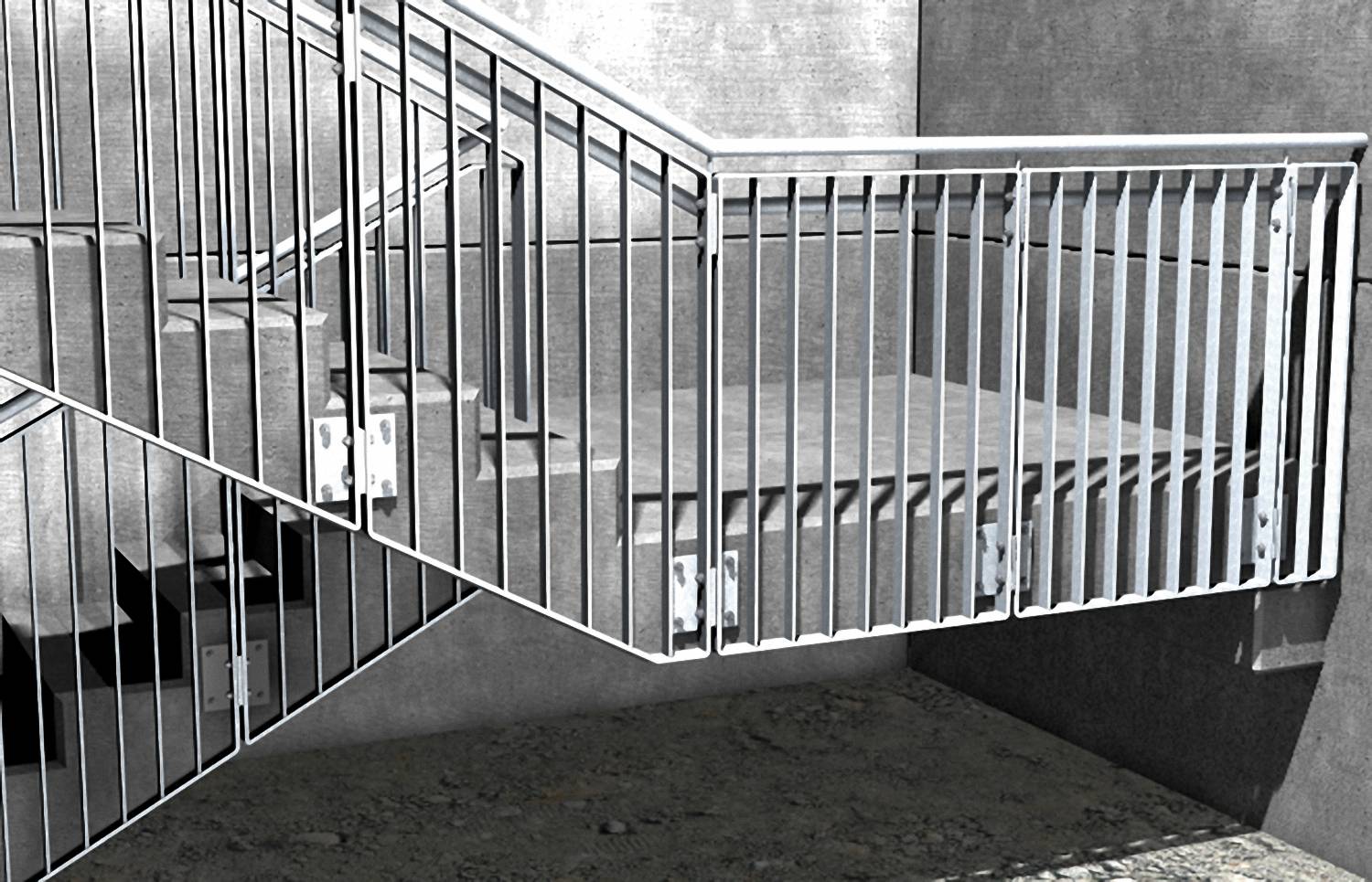 Metallgeländer und ein verschlossener Treppenabsatz neben einer Außentreppe an einer Betonwand, von unten betrachtet.