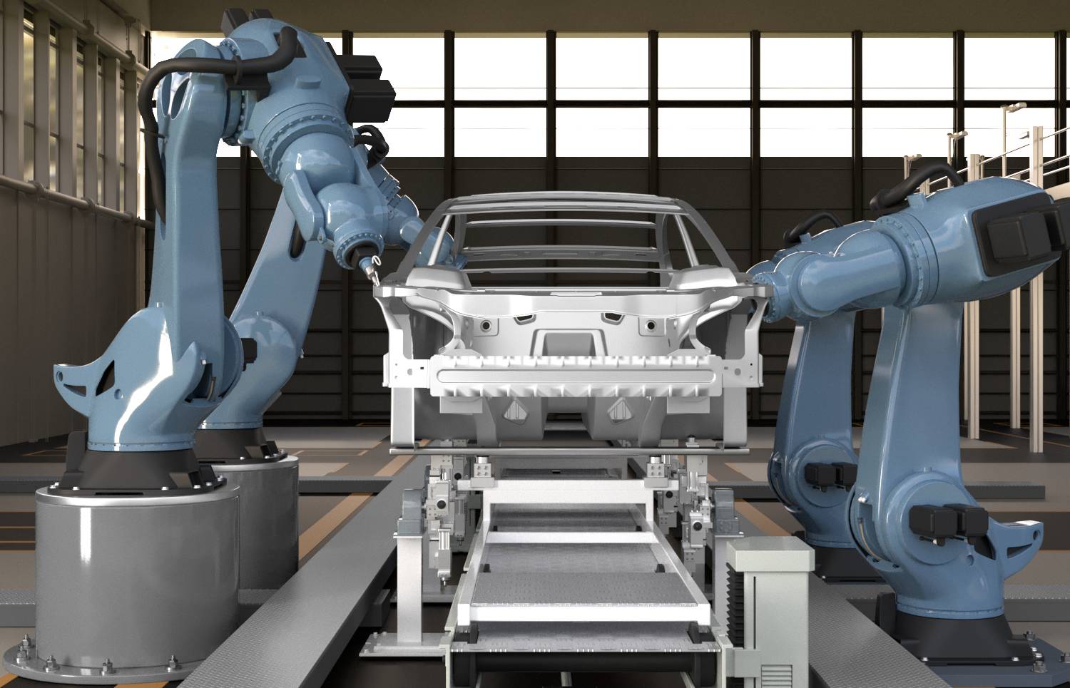 Zwei industrielle Robotierarme montieren eine Karosserie auf einer Fließbandfertigung in einer Fabrik.