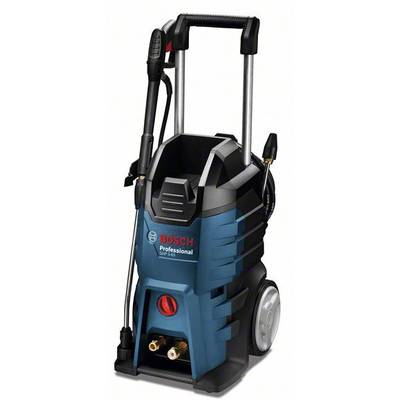 'Hochdruckreiniger Bosch Professional', blau-schwarz, mit Rädern und Griff für Mobilität. Enthält einen Schlauch und eine Sprühpistole.