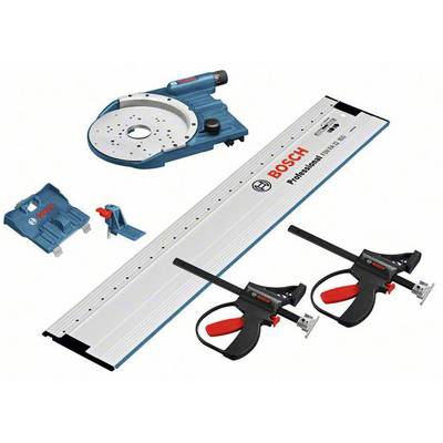 Ein Set von Bosch-Werkzeugen, bestehend aus einer Führungsschiene, zwei Zwingen und einer blauen Gerätebasis. Ideal für präzises Sägen.