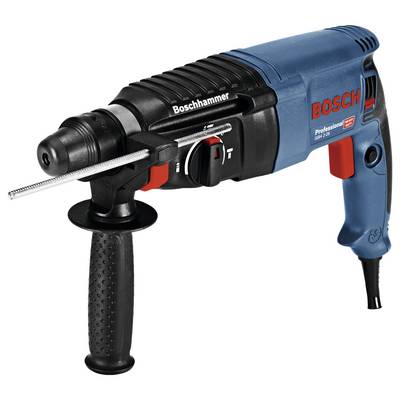 Ein blauer Boschhammerbohrer liegt schräg auf weißem Hintergrund. Das Gerät hat einen schwarzen Griff und rote Bedienelemente.