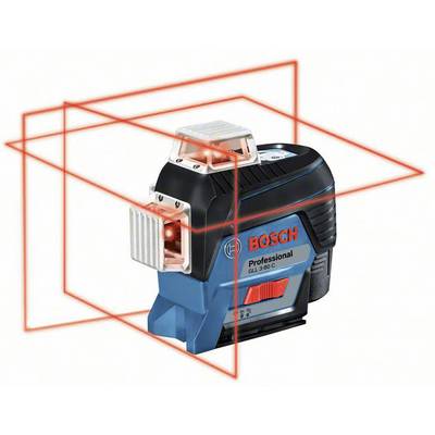 Ein Bosch Professional Kreuzlinienlaser projiziert rot leuchtende Linien in einem Raum. Ideal für präzise Vermessungsarbeiten.