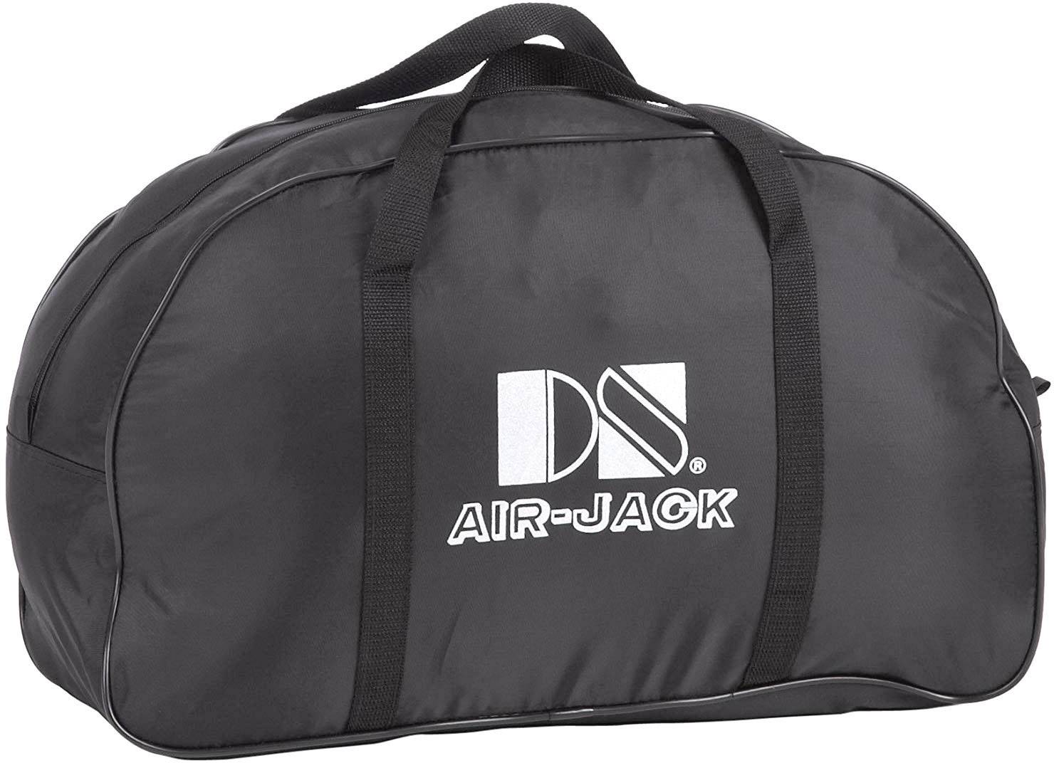 Schwarze Sporttasche mit der Aufschrift 'Air-Jack' und einem Logo in Weiß-Mittelstellung; Griffe oben sichtbar.