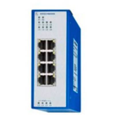 Ein blauer Netzwerkswitch mit acht Ethernet-Ports in zwei vertikalen Reihen. Geeignet für industrielle Anwendungen.