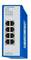 Ein blauer Netzwerkswitch mit acht Ethernet-Ports in zwei vertikalen Reihen. Geeignet für industrielle Anwendungen.