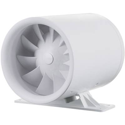 Ein weißer, zylindrischer Ventilator mit Flügelrädern, montiert auf einem flachen Sockel, dient zur Belüftung oder Kühlung.