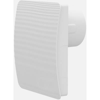 Weißer Wandventilator mit wellenförmigem Gitter, seitliche Perspektive, vor weißem Hintergrund. Geeignet für Bad oder Küche.