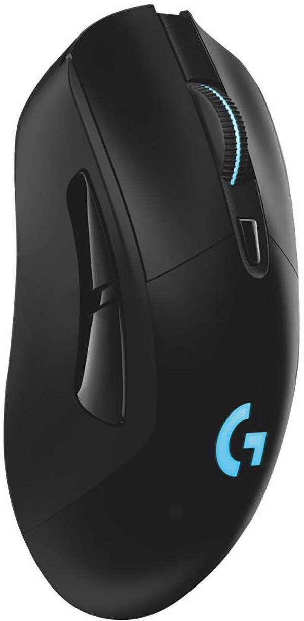 Schwarze Gaming-Maus mit blau leuchtendem Logo und mehreren Tasten, die ergonomisch geformt ist. Sie hat ein beleuchtetes Mausrad.