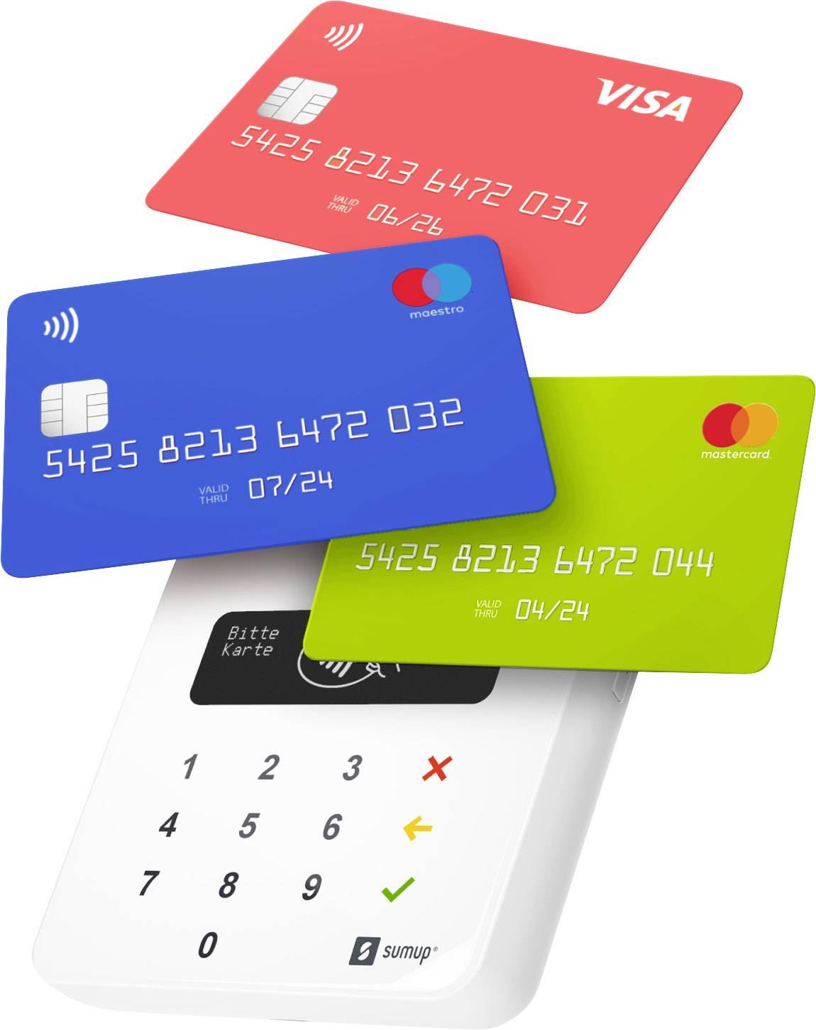 Ein Kartenlesegerät mit drei Kreditkarten in verschiedenen Farben darüber schwebend. Auf dem Display steht 'Bitte Karte'.